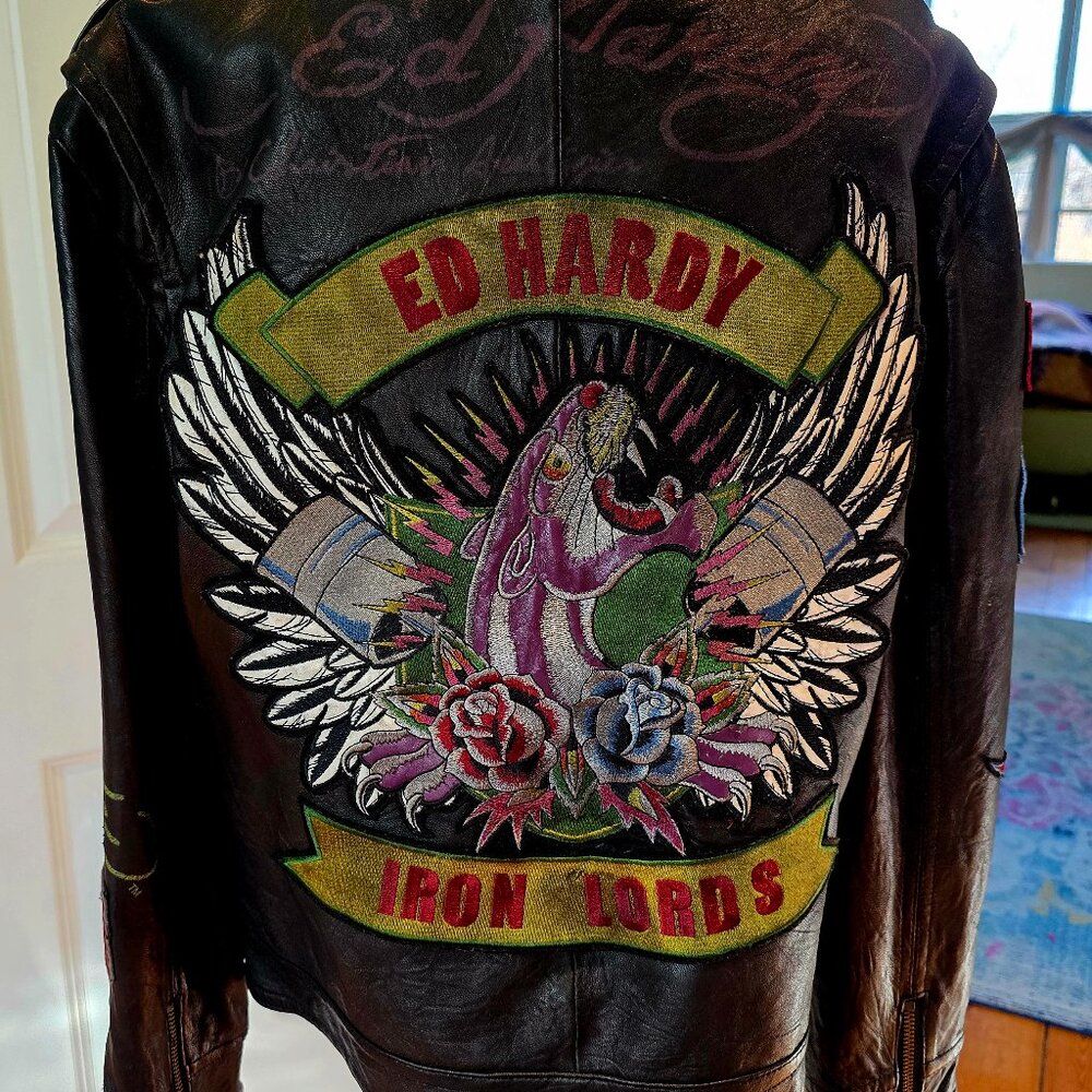 RARE Vintage Ed Hardy Iron Lords by Christian Audigier Leather Bomber Jacket XXL